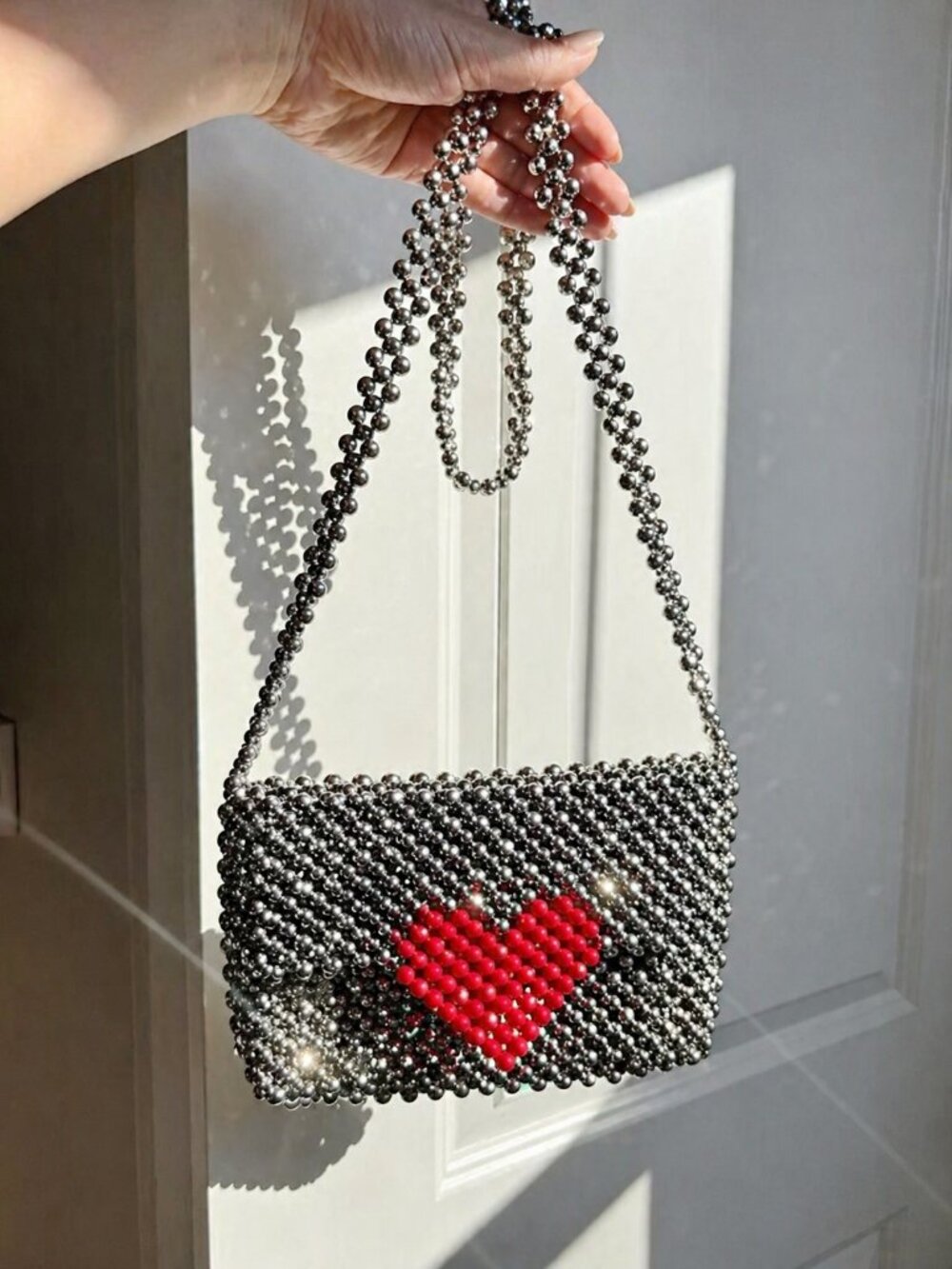 Gray-Red Pearl Beaded Bag Ideal Gifting Elegant Style Handbag